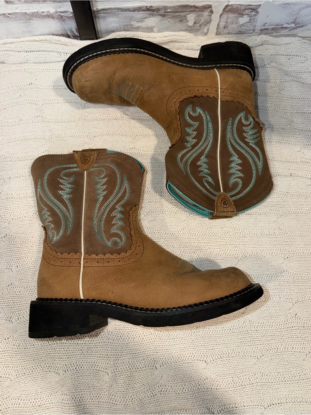 Ariat Brown Ankle Western Boots with Turquoise Stitching